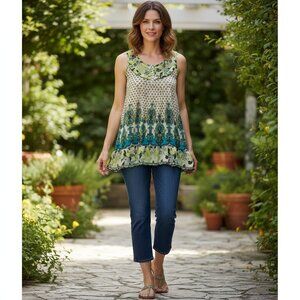 FANG Boho Patterned Blouse – Green & Brown Accents, Size S